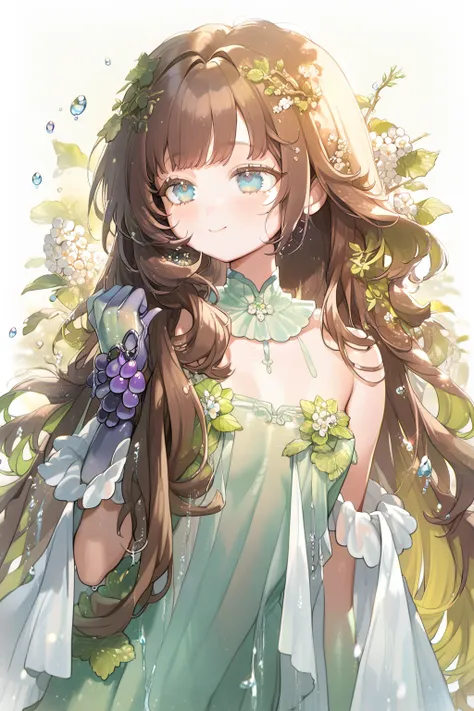 1 girl, CuteStyle, blue eyes, brown hair, long hair with bangs, flowing hair, upper body, dynamic, dressed in a pale green transparent long dress, strapless dress, sleeveless dress, white shawl with fur trim, shiny dress, water drops, pale green latex glov...