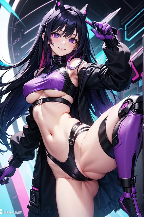 woman、Early 20s、A wicked smile、cyber punk、Black Hair、Long Hair、Multicolored Hair、Blue inner color、Purple Eyes、breast enhancement、
Fighting、sexy、