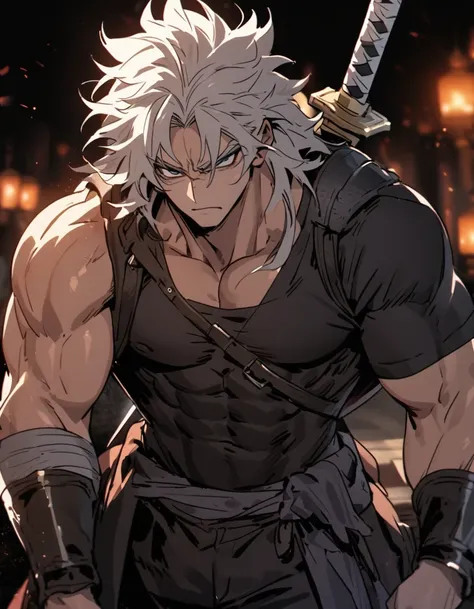 A role-playing character with a backpack and sword on his back messy hair Japanese eyes arrogant strong physique with a king&#39;s skull on his face