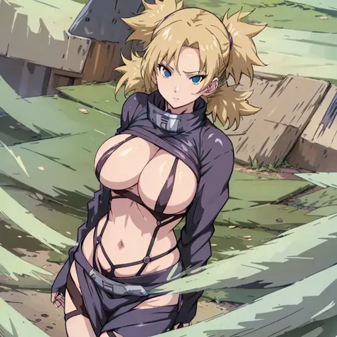 Sexy adult woman,Temari,standing still,huge breast,in her new sexy ninja cyberpunk,  outfit,show lot her body and open chest,hentai,snfw,thick body,age30,2 piggy tales