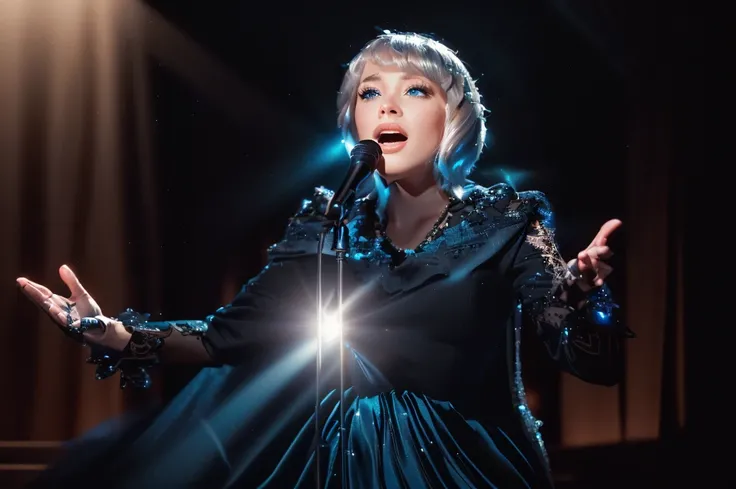 A young woman in black dress singing on stage with microphone, Furina (Genshin Impact), short bob cut silver hair, blue eyes, 1girl, Shes wearing a blue cylindrical hat,                                                                                       ...