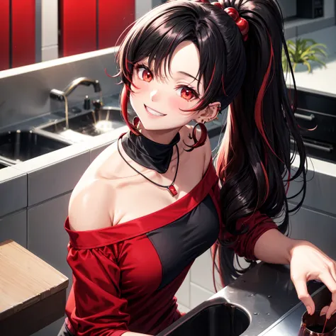 anime panel,upper body, 1girl,solo Korean, black curly hair, with red highlights, ponytail, red slanted eyes, casual clothes,black high neck blouse, necklace, ear piercings, kitchen background , smiling , blushing, looking at the viewer