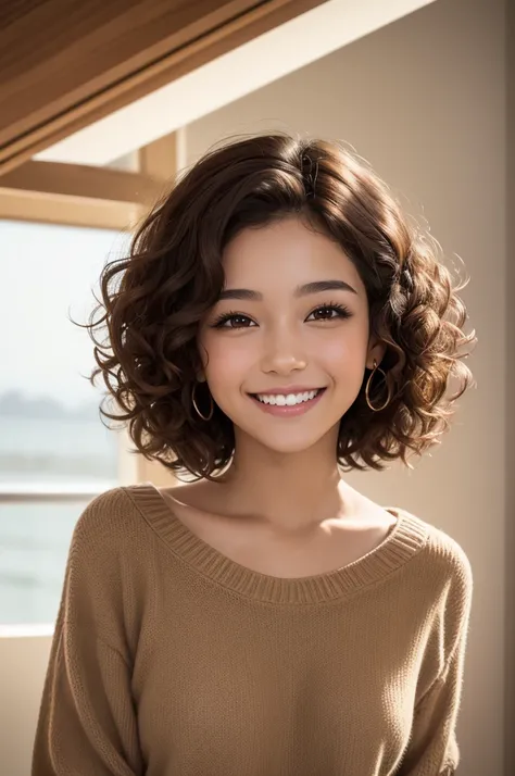 Girl with brown eyes and short curly brown hair smiling