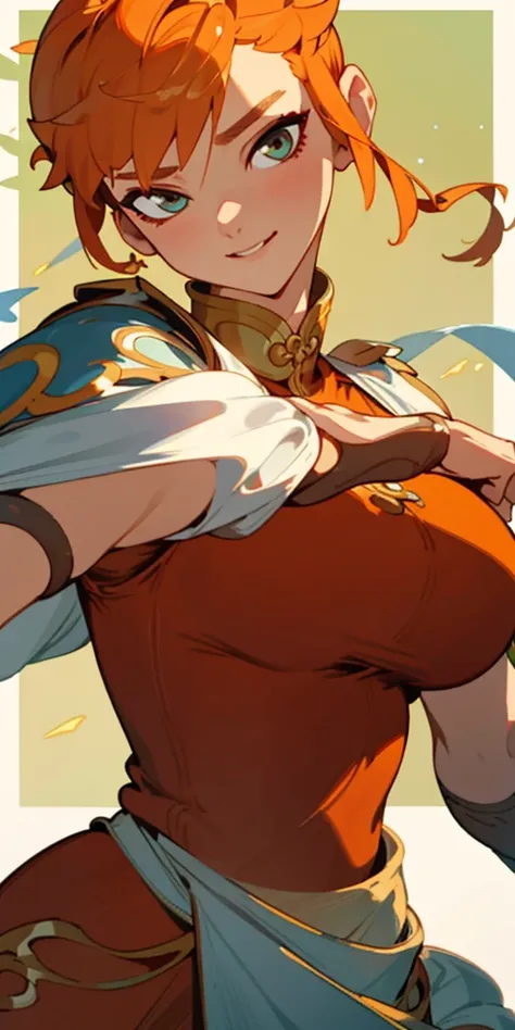 1 girl、one person、skinny body shape、orange clothes、orange hair、beautiful green eyes、intense joy on the face、white uniform with golden decorations、upper body close-up, style of Chun-li clothes