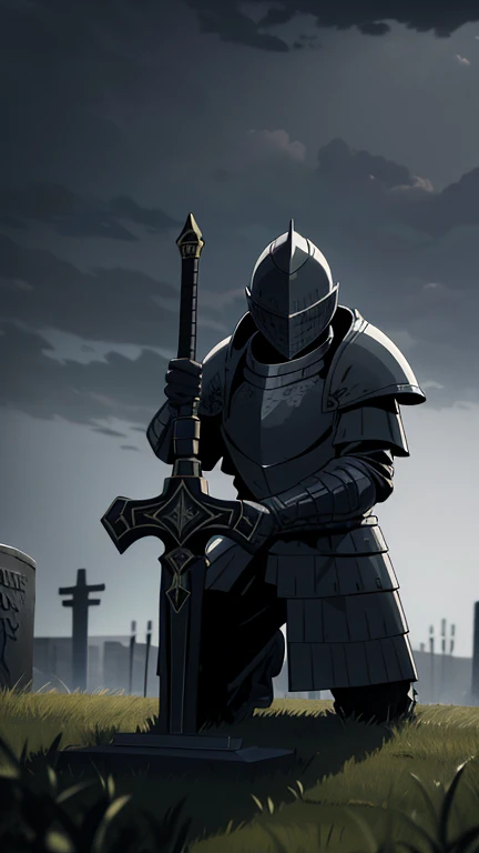 a knight in black plate armor kneeling on the ground leaning on a sword over a tombstone, early morning overcast sky, dramatic lighting, highly detailed, cinematic, photo-realistic, 8k, masterpiece