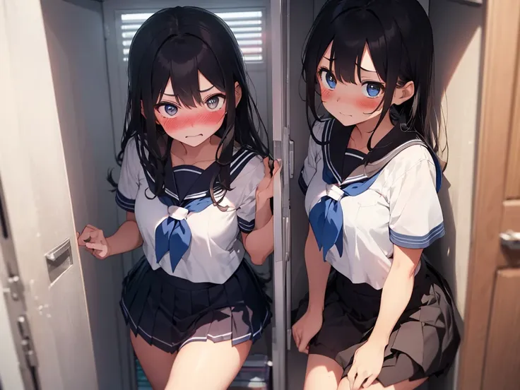 2 girls, shoved inside a locker, ((sailor uniform, short sleeve, tight clothing, miniskirt)), (blushing:1.5), (blushing, worried...