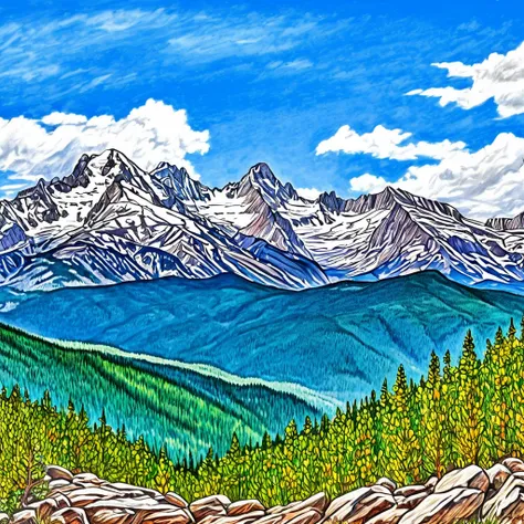 Snow-white Rocky Mountains, blue skies, faraway and majestic views, rough sketch style, coloring in colored pencil, top quality images.