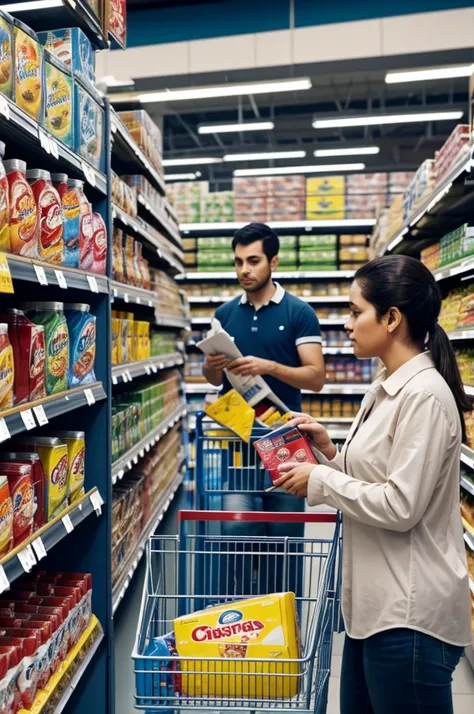 A group of consumers in a supermarket analyzing product labels.
