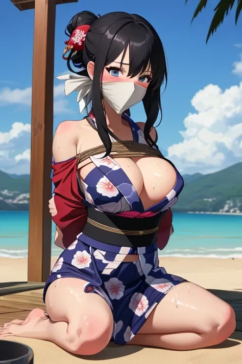 1 girl, detailed blue eyes, lange wimpern, detailed beautiful face, 4k quality, (Long black hair:1.4), (arms behind back:1.6), gefesselte Arme, Red rope, (blushing:1.2), (Big boobs:1.2), (yukata, japanischer yukata, kimono, bare shoulders, snatched waist, ...