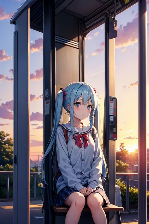 A bus stop with a view of the sunset、Light blue long hair、Beautiful girl with twin tails、Sitting at the bus stop waiting for the bus、Vivid twilight、Face Highlights