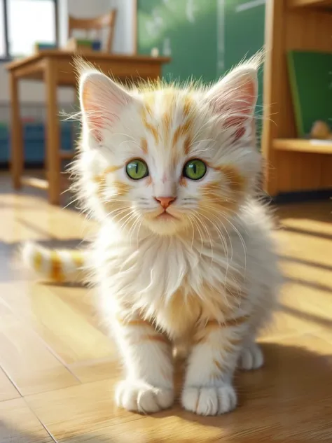 a beautiful white yellow striped fluffy kitten with green eyes, kitten in a school room, realistic, highly detailed, 4k, photorealistic, hyperrealistic, 8k, masterpiece, intricate details, natural lighting, soft focus, cute, adorable, feline, furry , playf...