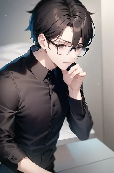 Boy in glasses with black shirt elegant posture 