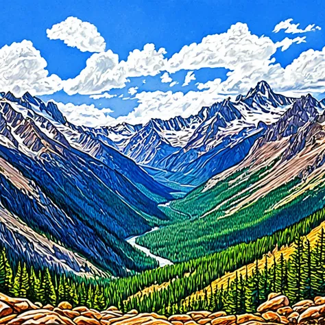 Snow-white Rocky Mountains, blue skies, faraway and majestic views, rough sketch style, coloring in colored pencil, top quality images.