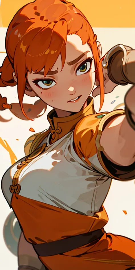 1 girl、one person、skinny body shape、orange clothes、orange hair、beautiful green eyes、intense joy on the face、white uniform with golden decorations、upper body close-up, style of Chun-li clothes