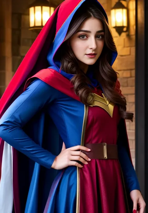 Arafed woman in a red cape and blue dress standing on a street, maya ali as d&d sorcerer, maya ali as ad&d sorcerer, maya ali as d&D mago, Maya Ali as cybernetic sorceress, Hood and cape, dressed in a beautiful red cape, maya ali as a sorcerer