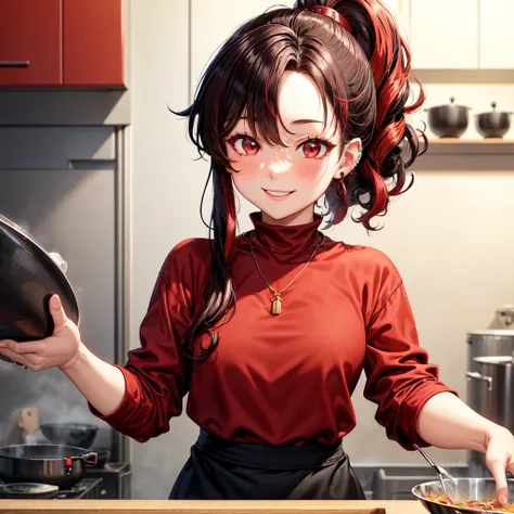 anime panel,upper body, 1girl,solo Korean, curly hair, black with red highlights, ponytail, red slanted eyes, casual clothes,black high neck blouse, necklace, ear piercings, kitchen background , smiling , blushing, cooking, looking at the viewer