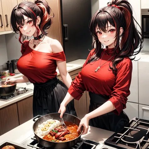 anime panel,upper body, 1girl,solo Korean, curly hair, black with red highlights, ponytail, red slanted eyes, casual clothes,black high neck blouse, necklace, ear piercings, kitchen background , smiling , blushing, cooking, looking at the viewer