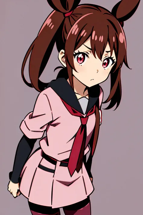 Anime girl , Pokémon anime, a girl with red eyes and brown hair, which is tied up into two pigtails with a red bow, with a small black U-stripe. Roxanne wears pink tights and a small tie-like pink scarf around her neck.
