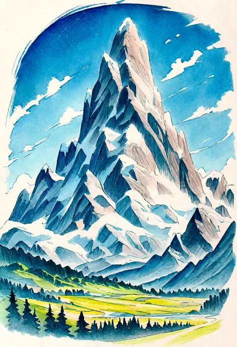 Snow-white Rocky Mountains, blue skies, faraway and majestic views, colored pencils, top quality images.