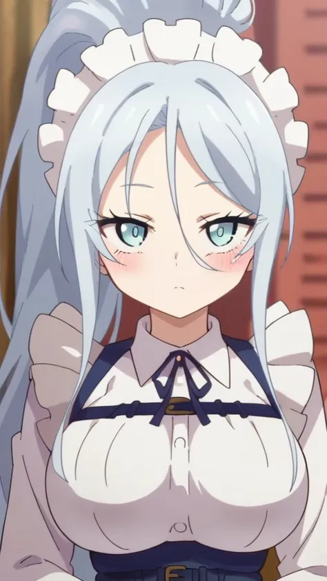 sylpha, long_hair, 1girl, blue_eyes, blue_hair, solo, blush, large_breasts, ponytail   , maid_headdress, maid, apron, upper body, looking at viewer, score_9, score_8_up, score_7_up, , anime coloring ,BREAK source_anime, anime