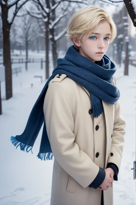 14 year old boy, White skin, blue eyes like the night with big eyelashes, shoulder length sun blonde hair, beautiful, with a coat and scarf around his neck while standing in the snow.