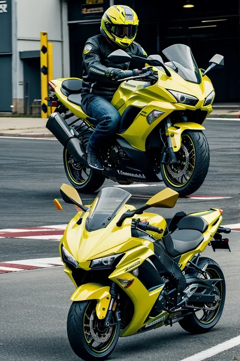 León s Kennedy riding a yellow Kawasaki ninja 