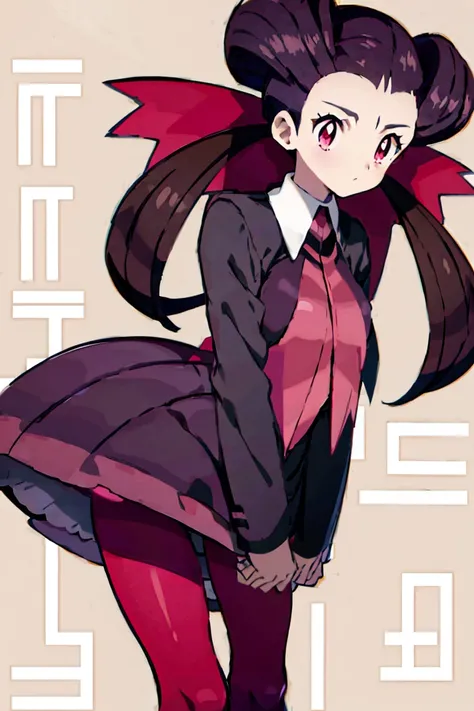 Anime girl , Pokémon anime, a girl with red eyes and brown hair, which is tied up into two pigtails with a red bow, with a small black U-stripe. Roxanne wears pink tights and a small tie-like pink scarf around her neck.
