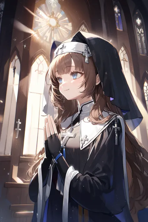 1 girl, cutestyle, upper body, blue eyes, brown hair, long hair with bangs, praying, dressed in a nun's costume black, silver cr...