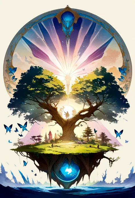 (master part),(Best Quality:1.0), (ultra high resolution,), detailed, a crystal ball with a tree inside, digital art, cg society contest winner, butterflies and sun rays, concept art design illustration, beautiful digital illustration, closed ecosystem