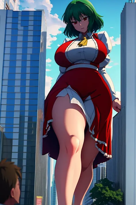 yuuka kazami, giantess, towering over a city, massive breasts, green short hair, red eyes, 3d render