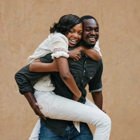 A woman carrying a black man on her back piggyback 