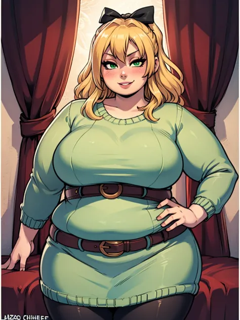 high_aesthetic,art by Lazorchef, ((Masterpiece, best quality, perfect lighting, amazing shading)), perfect anatomy, field of depth, extremely beautiful, long blonde hair, hair ribbons, green eyes, sweater dress, pantyhose, cute smile, ((fat)), [belt], blus...