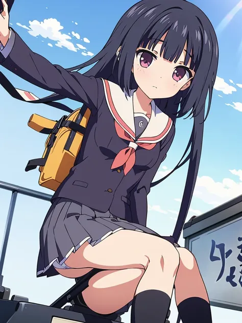 Tram stop　passengers around　Elementary school girl　8 years　flat chest　for the black　broad　The eyes are purple.　（（1 person））　Sailor uniform long sleeve white upper body　Navy blue underbody mini skirt　white panties　white socks　sport boots　standing at the sto...