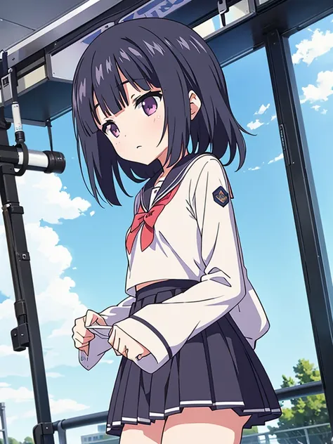 Tram stop　passengers around　Elementary school girl　8 years　flat chest　for the black　broad　The eyes are purple.　（（1 person））　Sailor uniform long sleeve white upper body　Navy blue underbody mini skirt　white panties　white socks　sport boots　standing at the sto...