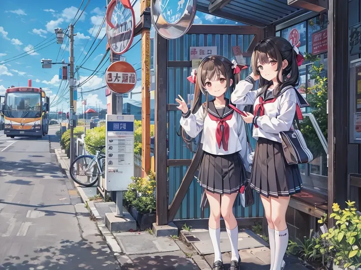 Black long hair、Beautiful girl with twin tails、Sailor suit、Bright smile、Waiting for a bus at the bus stop、The bus came into view、White clouds in blue sky、Face Highlights