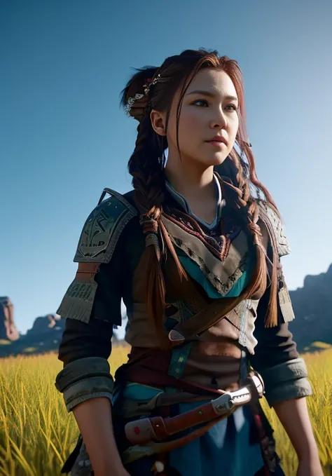 a woman with bow and arrows in a field, Aloy, Aloy from the horizon: zero dawn, Aloy from the horizon zero dawn, horizon zero dawn aesthetic, from the horizon: zero down, horizon zero dawn, gameplay of horizon zero dawn, horizon zero dawn 8 k, Forbidden Ho...