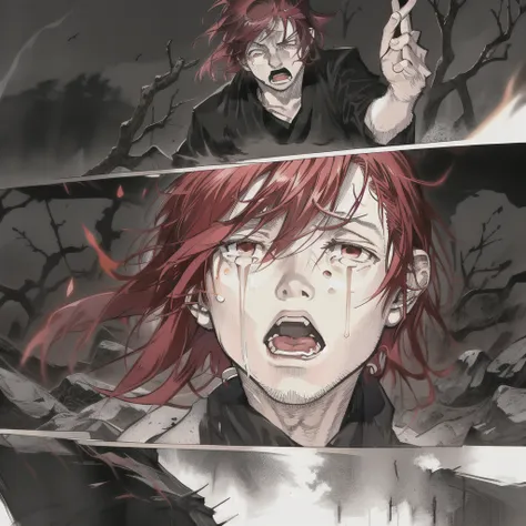 gorgeous young male screams in anger, tears in her eyes, red head, enchanted forest, anime style, manga, dark theme, masterpiece