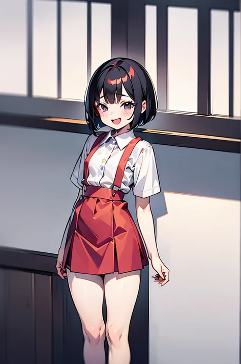 1girl, hanako-san, dress shirt, short sleeve, red suspender skirt, blush, :d, bob cut, black hair,