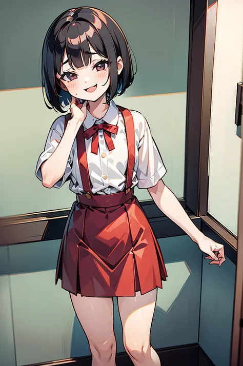 1girl, hanako-san, dress shirt, short sleeve, red suspender skirt, blush, :d, bob cut, black hair,