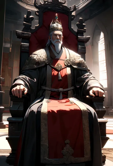 An old Chinese king sitting on a chair in the palace