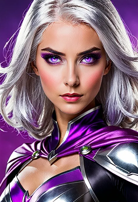 Super heroine with silver hair and violet eyes.