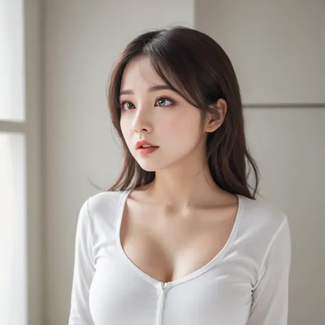 beautiful girl　White clothes　Upper Body　I can see her cleavage　Mouth half open　Looking up