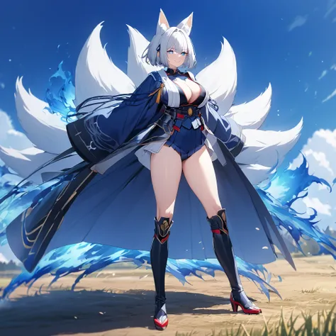 A woman wearing navy blue samurai clothing, black boots, Japanese aesthetics, red heels, blue eyes, white hair, short hair, kitsune ear, kitsune tail, multi tail, blue flames around, in an open field, blue flames. smiling, big breasts. UHD, prime work, acc...