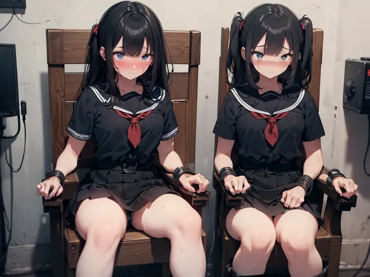 2 girls, strapped to chairs, (bondage chair:1.5), (open legs:1.5), (inside basement, underground, torture room), (ankles tied, wrists tied, ankle cuffs, wrist cuffs), arms to the sides, (((blushing:1.5), (teary eyes:1.5), (crying:1.0))), (blushing, worried...