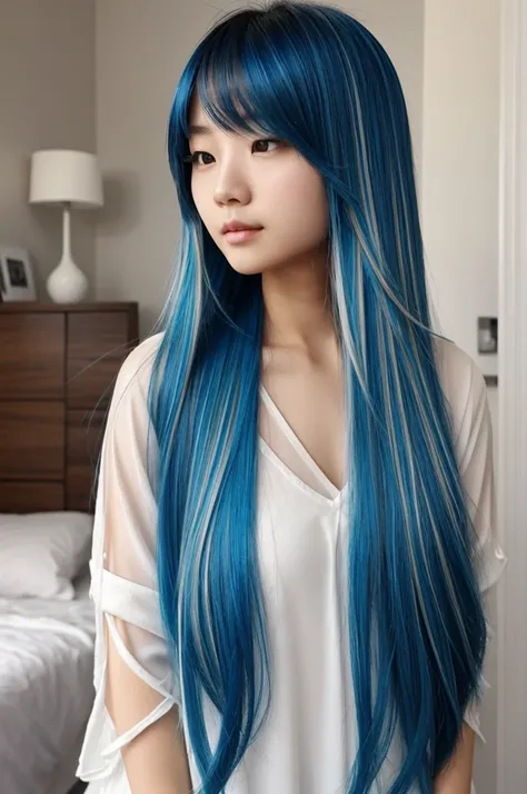 Asian girl, blue hair, blonde highlights, long hair, pretty, delicate