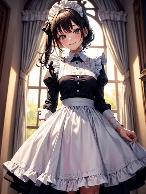 Highest quality,Highest Resolution,Maid,smile,front,looking at the camera,Light shines from behind,