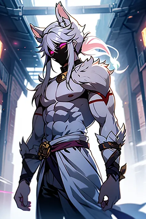 white hair, ethereal aura, serenity, wielded bow, light garments, spectral super strong neko boy and strong body col