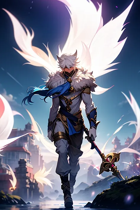 white hair, ethereal aura, serenity, wielded bow, light garments, spectral super strong neko boy and strong body col