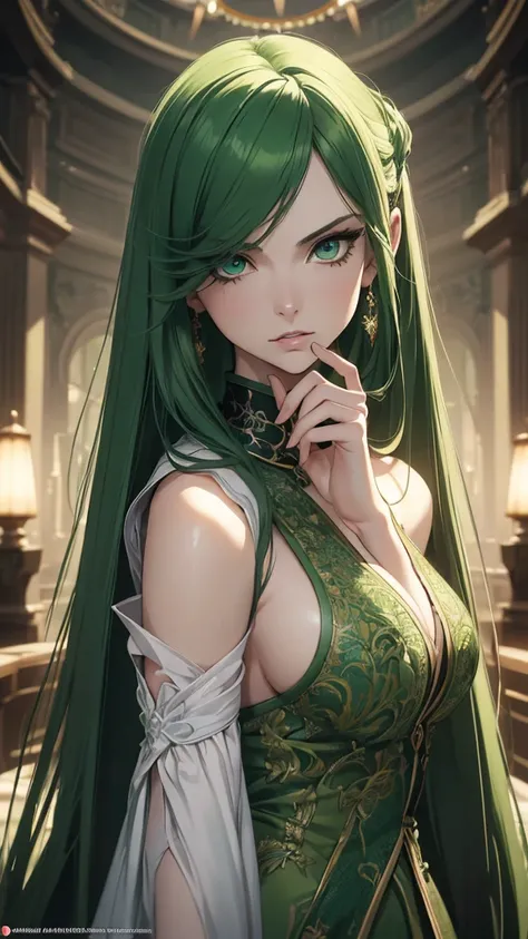 masterpiece, highest quality, (solo focus), (perfect face:1.1), (high detail:1.1), (hyper detailed eyes), dramatic, a woman with pale skin and long voluminous green hair, green eyes, solo, long hair, arrogant expression, detailed background, art by artgerm...