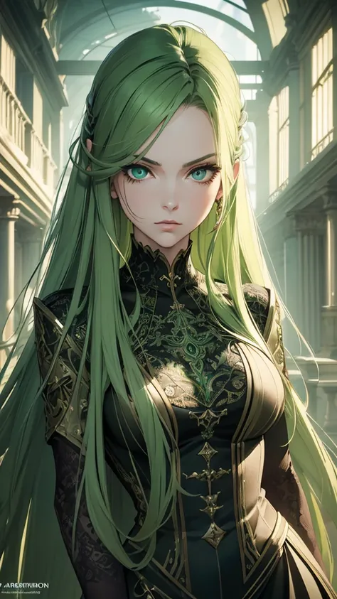 masterpiece, highest quality, (solo focus), (perfect face:1.1), (high detail:1.1), (hyper detailed eyes), dramatic, a woman with pale skin and long voluminous green hair, green eyes, solo, long hair, arrogant expression, detailed background, art by artgerm...